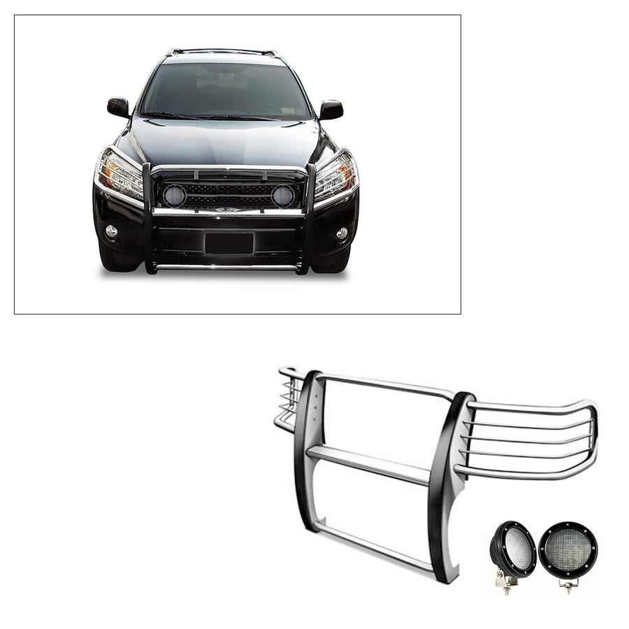 Bumper Guard Black Horse Grille Brush Modular Stainless Steel Come with Pair of 5.3" Dia.LED Lights with Black Trim Rings Compatible with 2006-2018 Toyota RAV4-17A093902MSS-PLFB