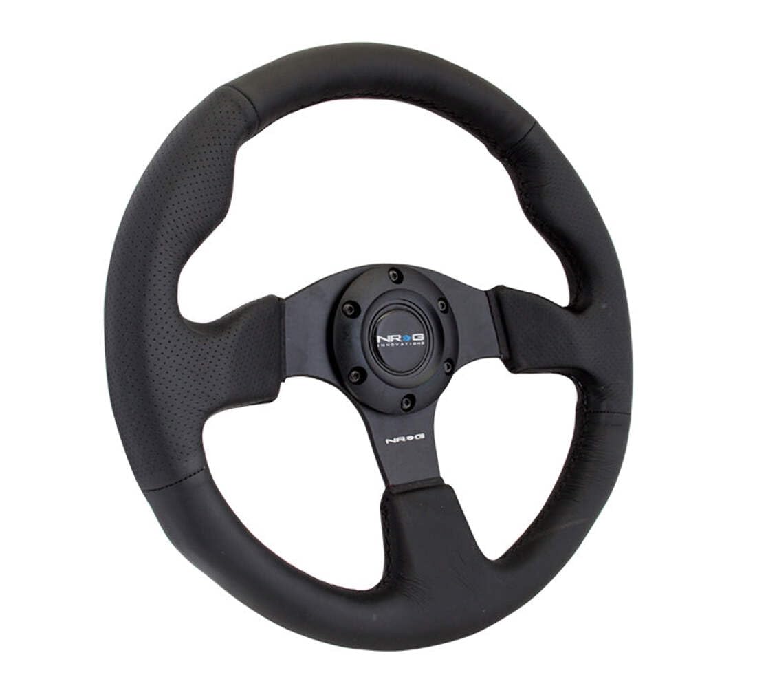 NRG Innovations Reinforced NRG-RST-012R Steering Wheel Leather Steering Wheel 320mm With/BLACK Stitch/Black Thumb Grip, Double Riveted Spokes + Horn Button