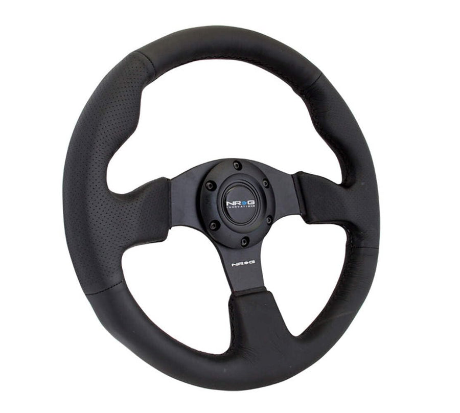 NRG Innovations Reinforced NRG-RST-012R Steering Wheel Leather Steering Wheel 320mm With/BLACK Stitch/Black Thumb Grip, Double Riveted Spokes + Horn Button
