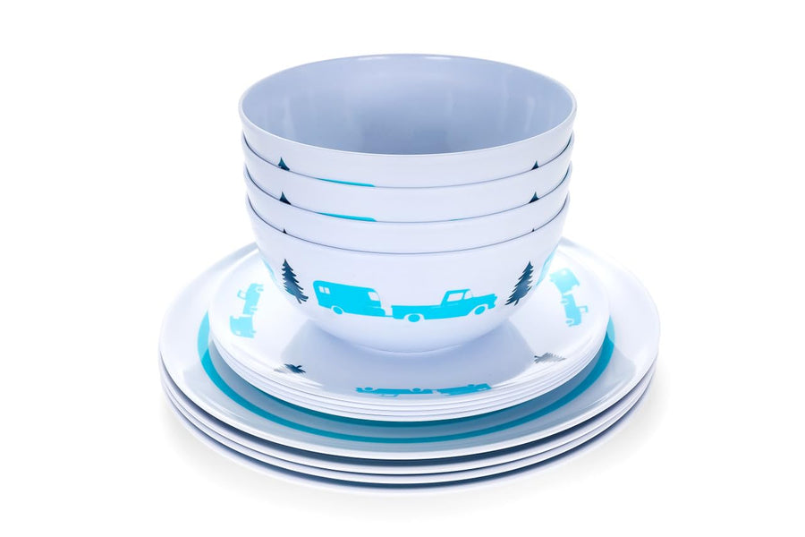 LIBATC, Camco Manufacturing - Dinnerware Set, 12pc, Melamine Blue RV-Trees