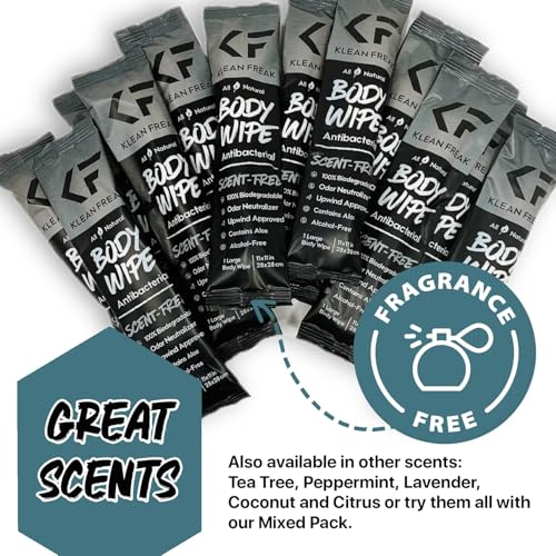 The Body Wipes Klean Freak - 12 count Individually Wrapped | Showerless Body Wipe for Women & Men | Sustainable Bodywipes for Gym, Travel, Camping | Scent Free