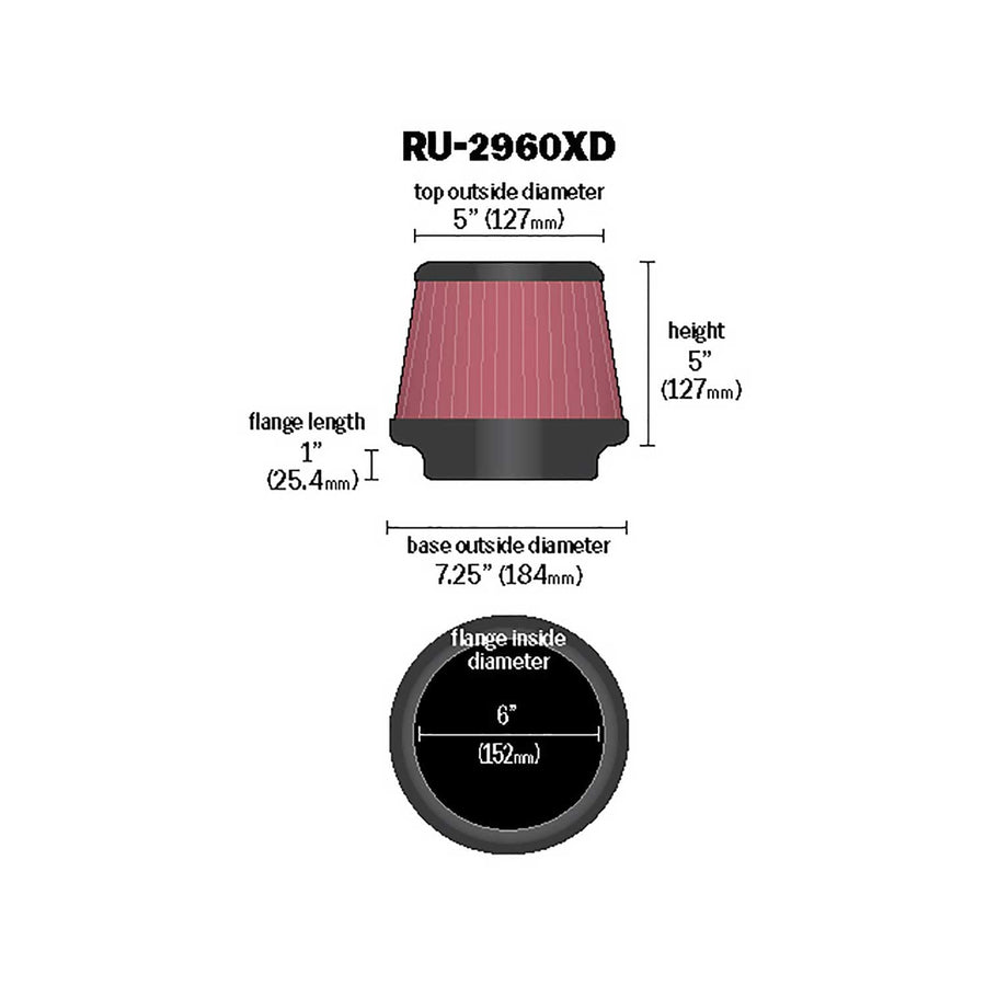 High-Flow K&N Original Lifetime Universal Clamp-On Air Filter: High Performance, Premium, Washable: Flange Diameter: 6 In, Filter Height: 5 In, Flange Length: 1 In, Shape: Round Tapered, RU-2960XD
