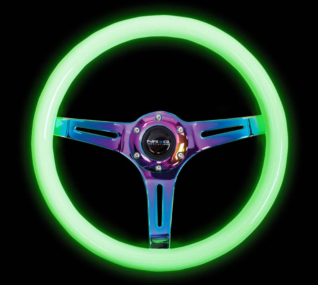 NRG Innovations Steering Wheel NRG-ST-015MC-GL - 350mm 25mm Deep Configuration, Classic Wood Grain Wheel 3 Neochrome Spokes - Glow-N-Dark Grip (ST-015MC-YG)