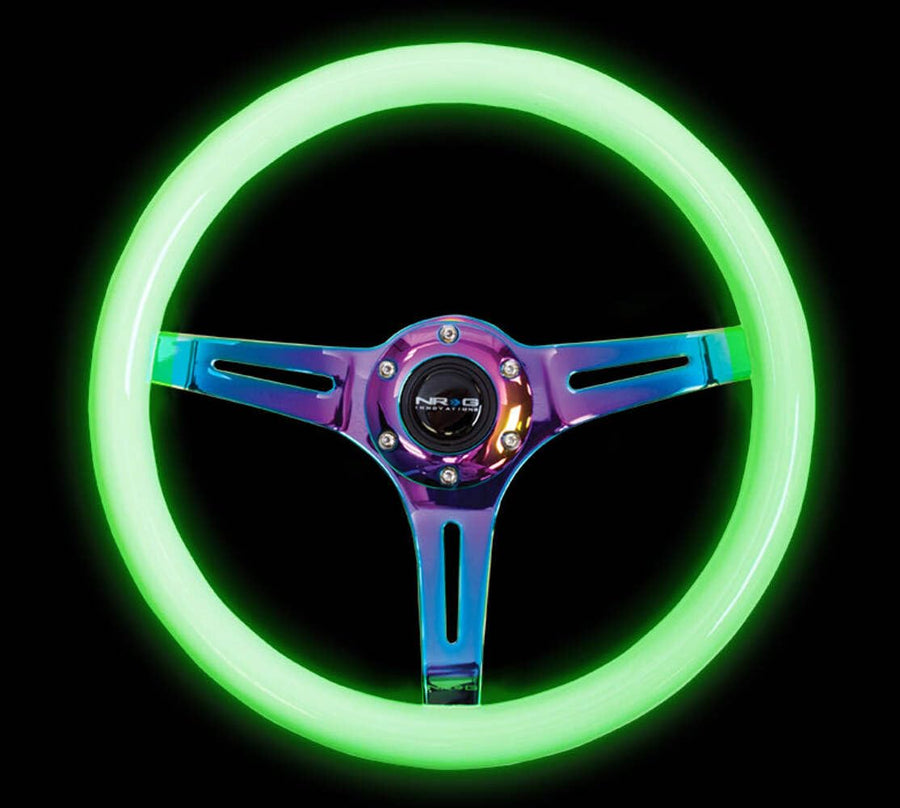 NRG Innovations Steering Wheel NRG-ST-015MC-GL - 350mm 25mm Deep Configuration, Classic Wood Grain Wheel 3 Neochrome Spokes - Glow-N-Dark Grip (ST-015MC-YG)