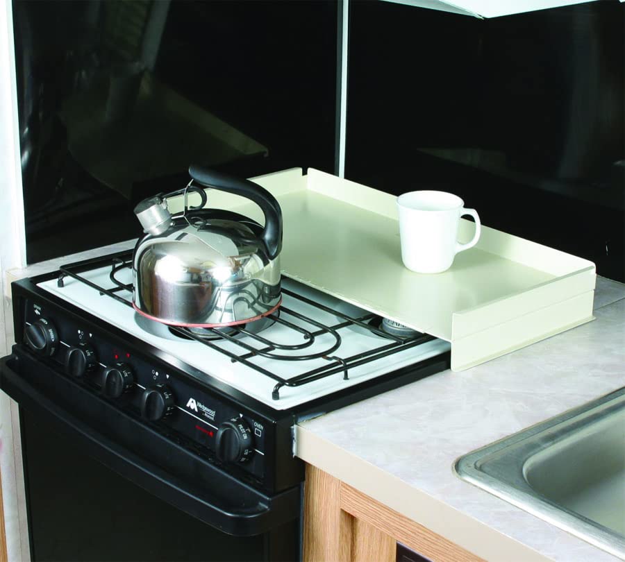 Camco Stove Top Cover/RV Camper | Features Hinged Design for Easy Access to Front Burners & Fits Most 3 or 4 Burner RV/Boat Stoves | Crafted of 20-Gauge Steel w/Powder-Coated Finish | White (43557)