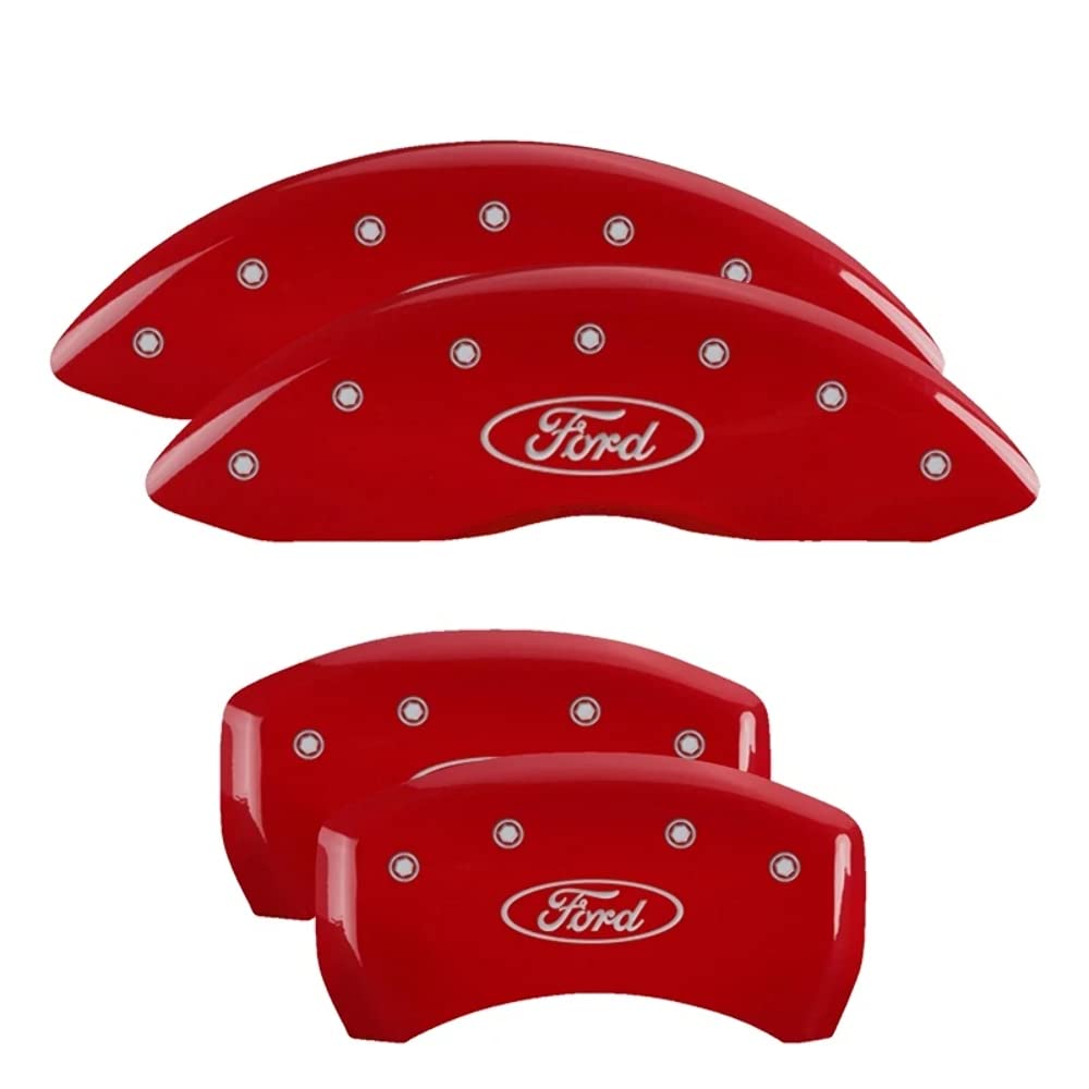 Ford Oval Logo Type MGP Caliper Covers 10229SFRDRD with Red Powder Coat Finish and Silver Characters, (Set of 4)