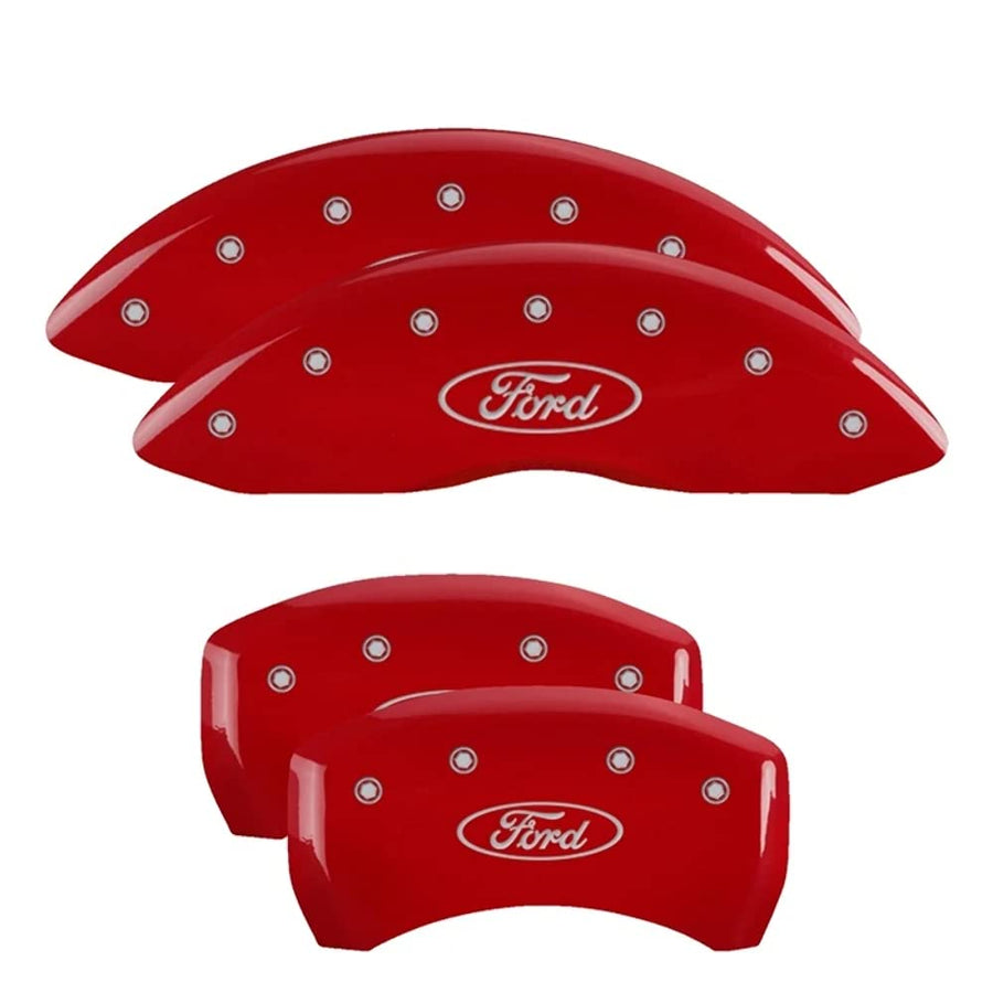 Ford Oval Logo Type MGP Caliper Covers 10229SFRDRD with Red Powder Coat Finish and Silver Characters, (Set of 4)