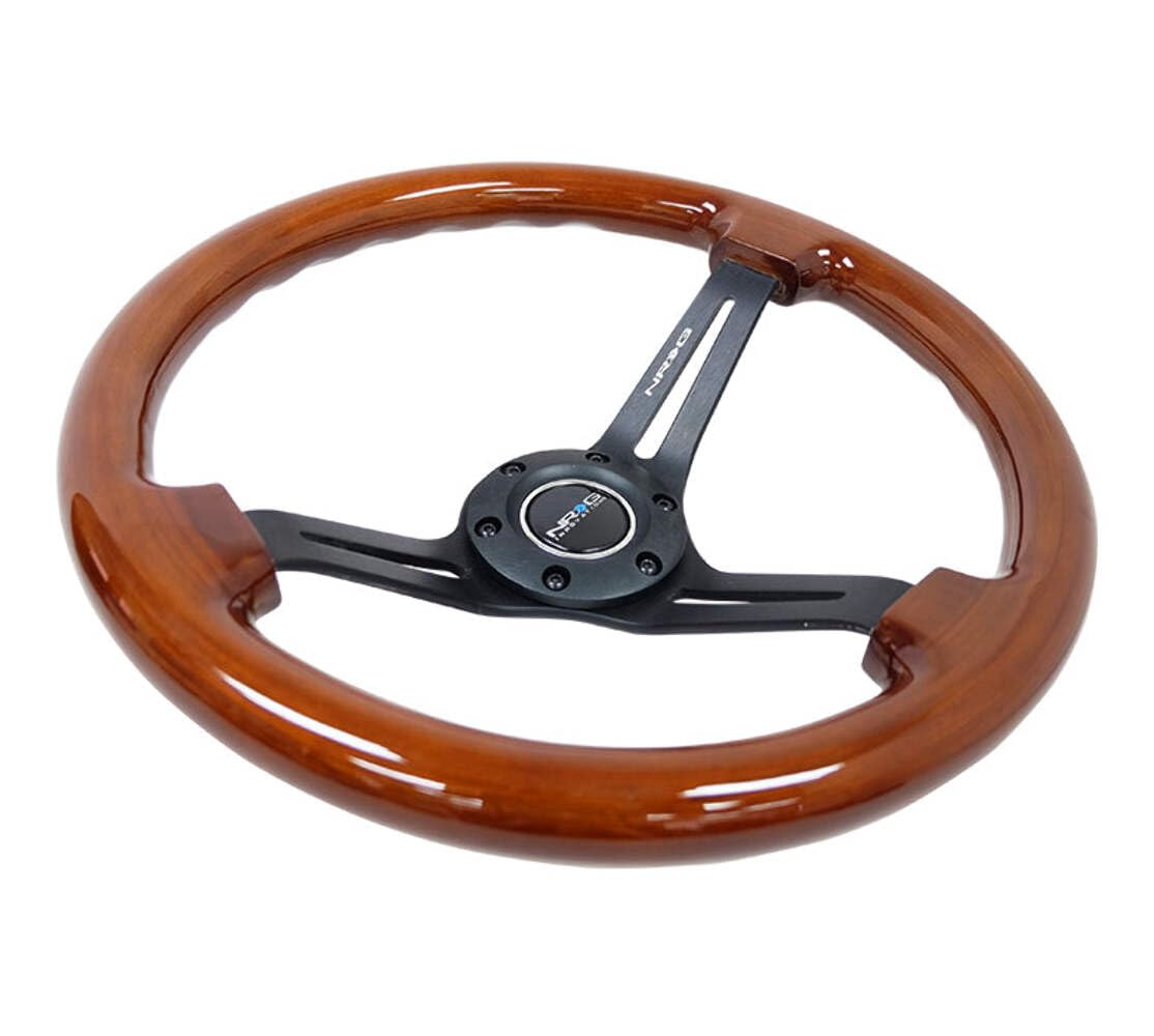 NRG Innovations Reinforced NRG-RST-018BR-BK Classic Wood Grain Steering Wheel, 350mm, 75mm Deep, 3 Spoke Slotted Center Black With Brown Painted Wood, Double Riveted Spokes