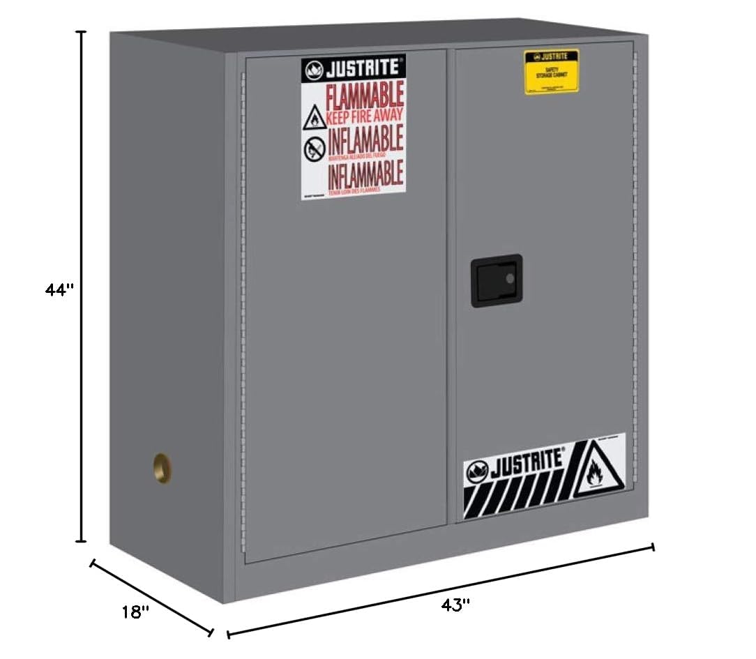 Justrite 30 Gallon Flammable Storage Cabinet Manual Close, 18 Gauge Steel, 1 Shelf, 2 Door Fire Cabinet, 44" x 43" x 18", Made in The USA, Gray, 893003
