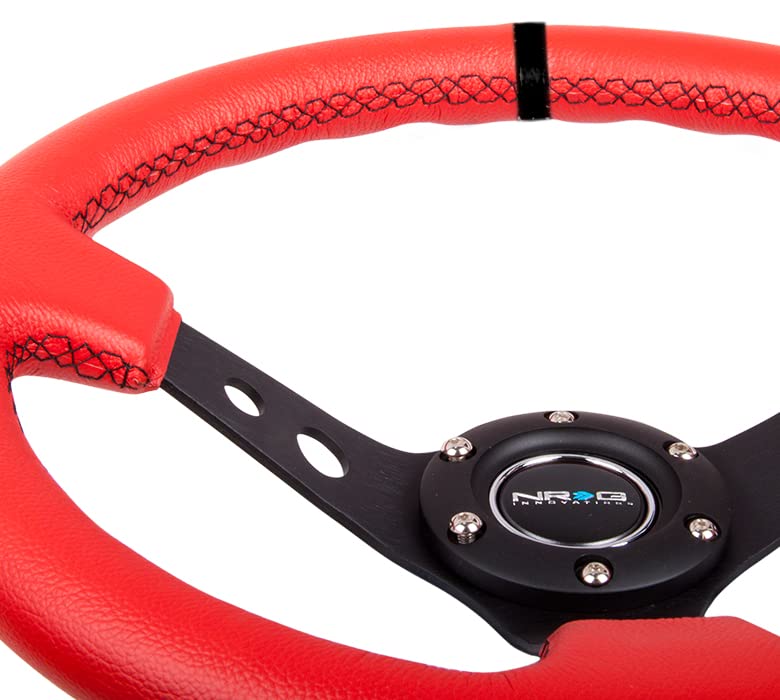 NRG Innovations Reinforced Steering Wheel NRG-RST-006RR-BS-B 350mm Sport Steering Wheel (3" Deep) Black Spoke With Suede Finish And Black Stitch, Red Leather/Black Round Holes