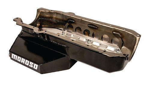 Moroso Steel Circle Track Wet Sump Oil Pan 21329, Fits SBC 1 Piece Rear Seal Block, 6.5" Depth, SK Lite