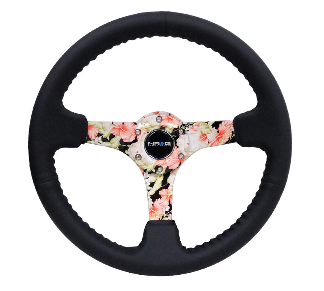 NRG Innovations Reinforced Steering Wheel NRG-RST-036FL-R Hydro Dipped Tropical Floral 3" Deep, 5mm Spoke, 350mm Sport Steering Wheel Black Leather With Black Baseball Stitching