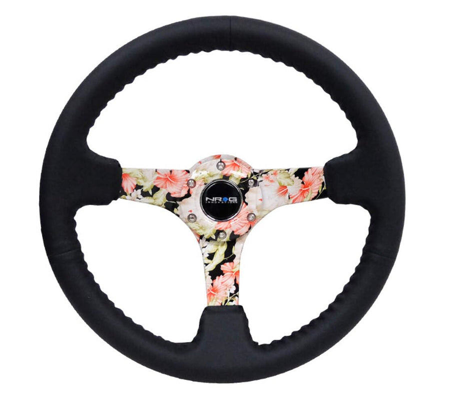 NRG Innovations Reinforced Steering Wheel NRG-RST-036FL-R Hydro Dipped Tropical Floral 3" Deep, 5mm Spoke, 350mm Sport Steering Wheel Black Leather With Black Baseball Stitching