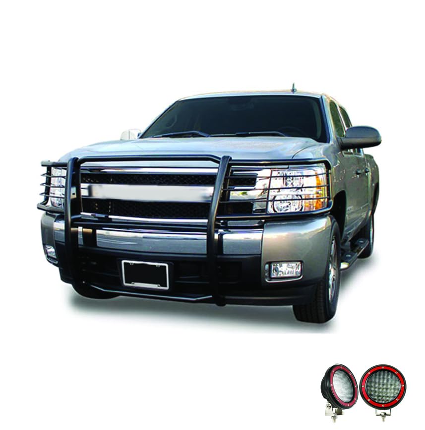 Black Horse Grille Brush Bumper Guard Black Modular Come with Pair of 5.3" Dia.LED Lights with Red Trim Rings Compatible with 2015-2019 Silverado 2500 HD|2015-2019 Silverado 3500 HD-17GT28MA-PLFR