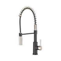Dura Faucet RV Swivel DF-MK504SLK-MBSN High-Arc Spring Kitchen Sink Faucet - Single Handle - Kitchen Faucet with Pull-Down Sprayer - Optional Deck Plate (Matte Black/Brushed Satin Nickel)