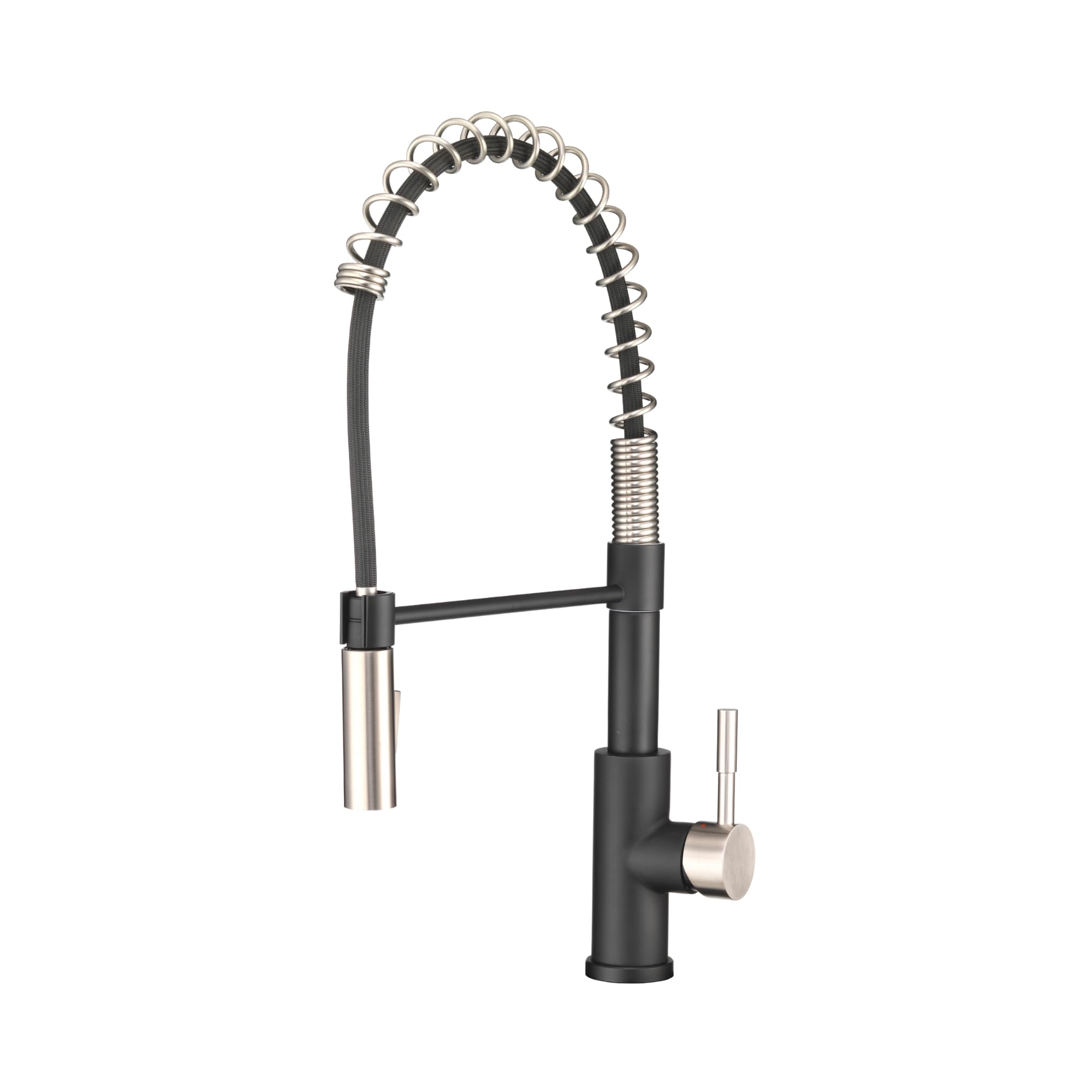 Dura Faucet RV Swivel DF-MK504SLK-MBSN High-Arc Spring Kitchen Sink Faucet - Single Handle - Kitchen Faucet with Pull-Down Sprayer - Optional Deck Plate (Matte Black/Brushed Satin Nickel)
