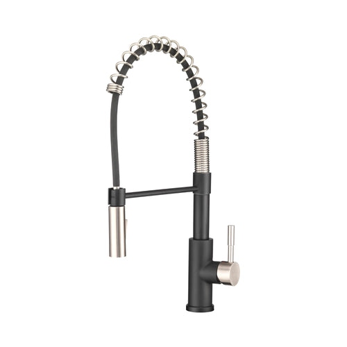 Dura Faucet RV Swivel DF-MK504SLK-MBSN High-Arc Spring Kitchen Sink Faucet - Single Handle - Kitchen Faucet with Pull-Down Sprayer - Optional Deck Plate (Matte Black/Brushed Satin Nickel)
