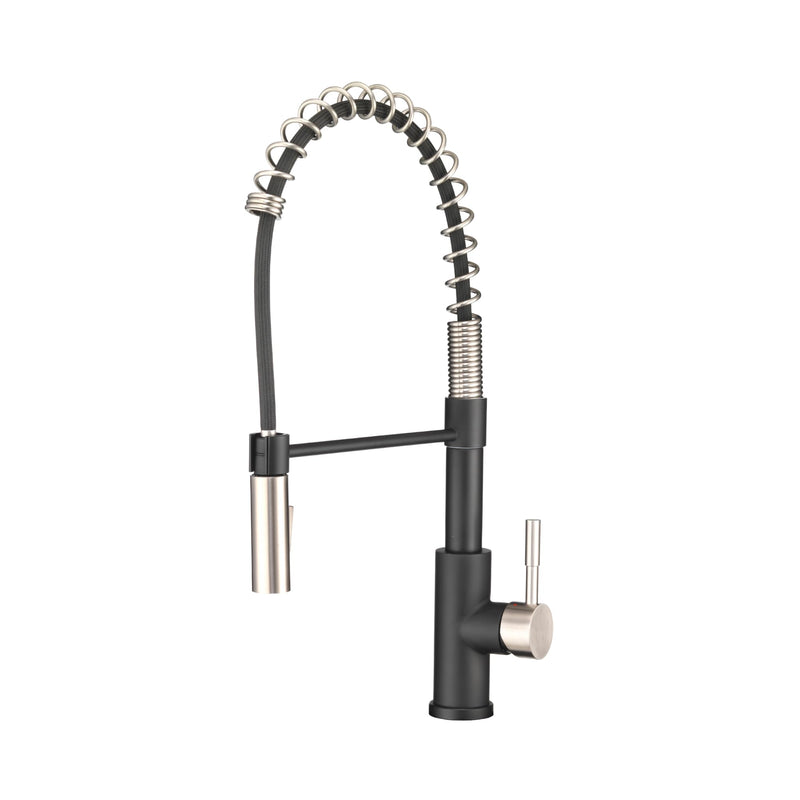 Dura Faucet RV Swivel DF-MK504SLK-MBSN High-Arc Spring Kitchen Sink Faucet - Single Handle - Kitchen Faucet with Pull-Down Sprayer - Optional Deck Plate (Matte Black/Brushed Satin Nickel)