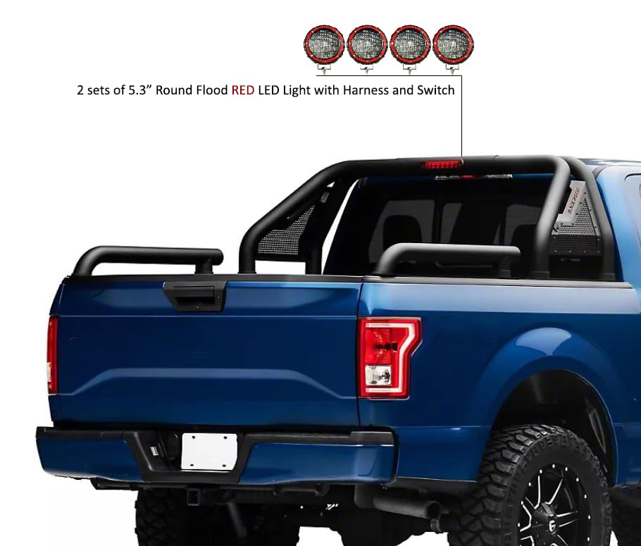 Gladiator Roll Bar Black Incl. Set of 5.3" Dia.Led Lights w/Red Trim Rings Modular Compatible with 2019-2022 Ford Ranger-GLRB-07B-PLFR
