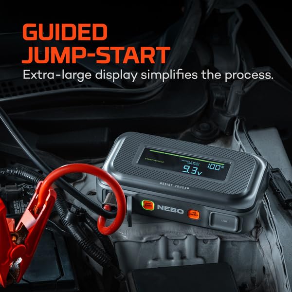 Assist 2000XP NEBO Jump Starter | 2000 Amps, 55.5Wh Power Supply, Multi-Device Charging, and Integrated Floodlight, USB Compatible, Portable Battery, Automotive, Emergency, Spark-Proof Safety