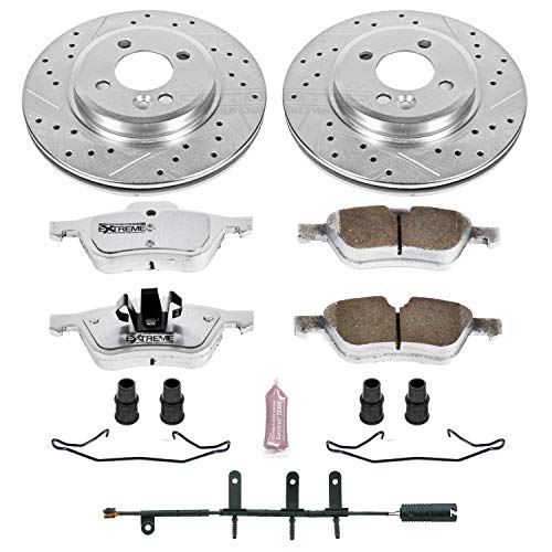 Power Stop K5724-26 Z26 Carbon Fiber Brake Pads with Drilled & Slotted Brake Rotors Kit and 1 Front Sensor Wire For Mini Cooper 2002-2006 [Model Specific]