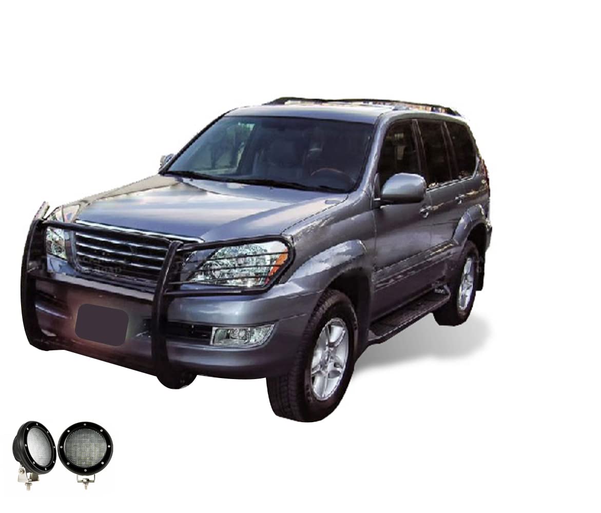 Grille Brush Black Horse Bumper Guard Modular Come with Pair of 5.3" Dia.LED Lights with Black Trim Rings Compatible with 2003-2009 Lexus GX470|2003-2009 Toyota 4Runner-17TU26MA-PLFB