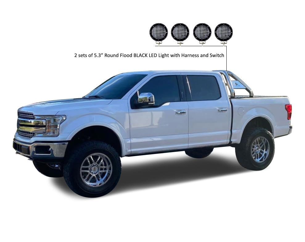 Classic Black Horse Roll Bar Incl. Set of 5.3" Dia.LED Lights w/Black Trim Rings Stainless Steel Compatible with 2017-2022 Nissan Titan|2011-2022 Ram 3500|2011-2022 Ram 2500|2007-2024 Toyota Tundra