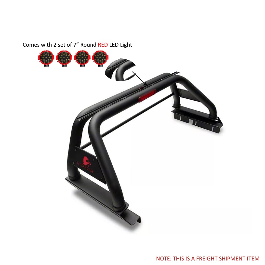 Classic Black Horse Roll Bar Incl. Pair of 7.0" Dia. LED Lights w/Red Trim Rings Compatible with 2019-2024 Ford Ranger-RB08BK-PLR