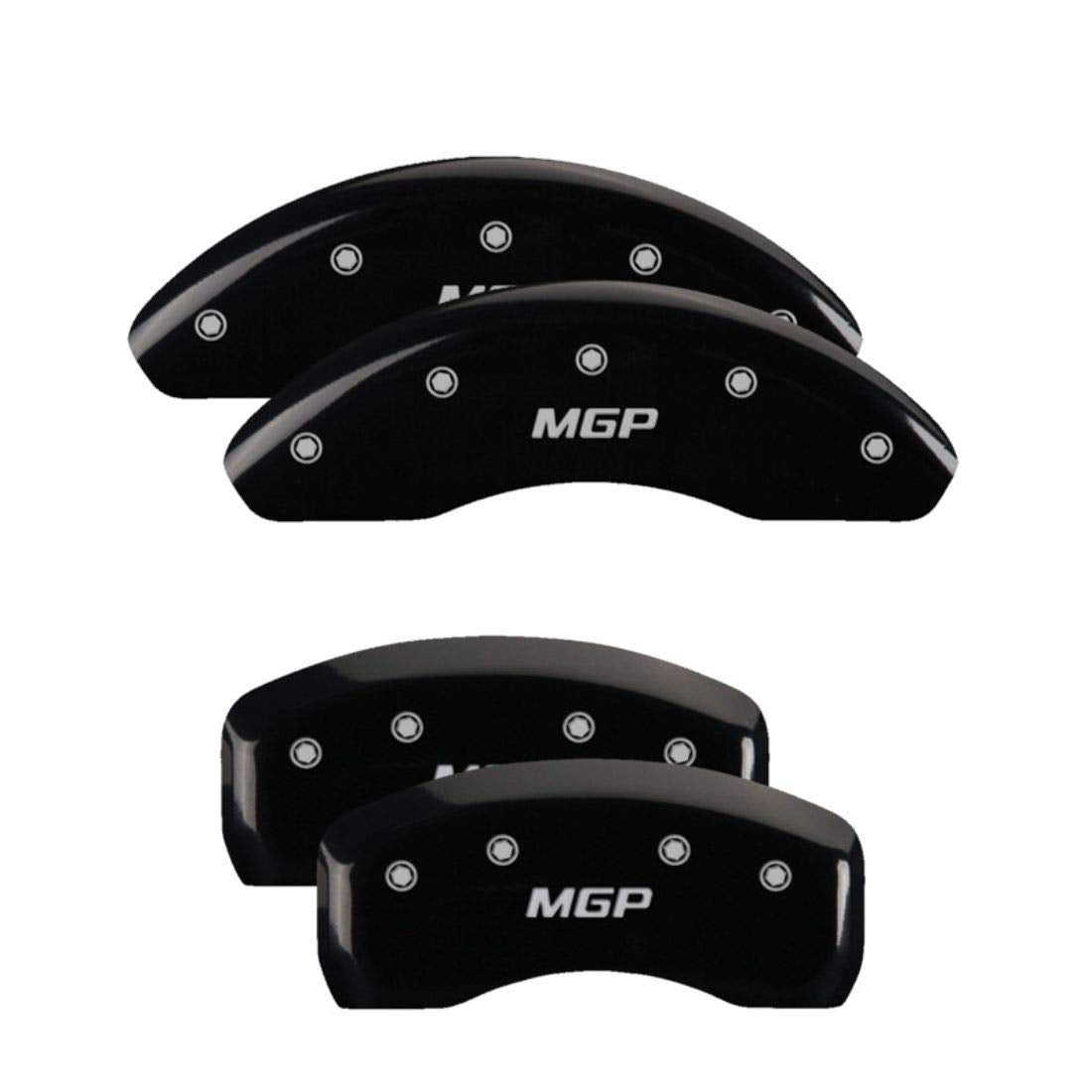 MGP Black Powder Coat Finish Caliper Covers 20218SMGPBK Engraved with Silver Characters, Set of 4