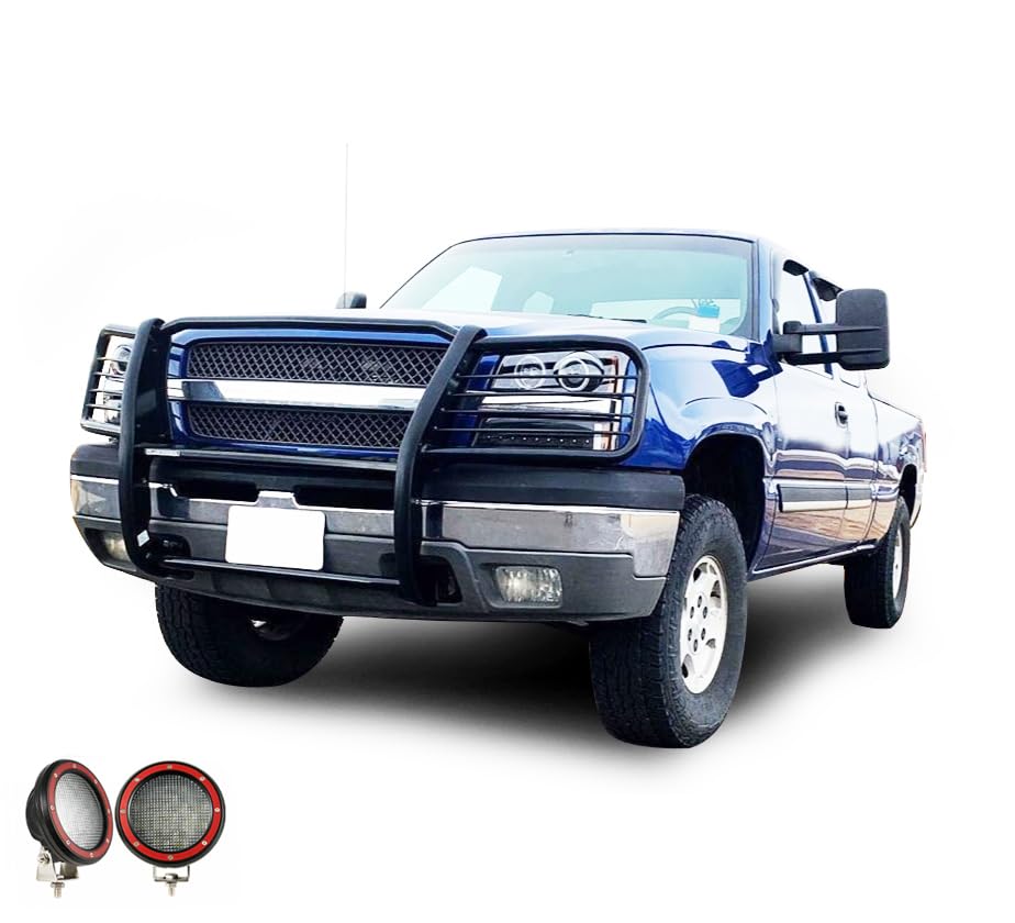 Grille Brush Black Horse Bumper Guard Modular Come with Pair of 5.3" LED Lights with Red Trim Rings Compatible with 2003-2006 Silverado 1500|2007 Silverado 1500 HD Classic-17GT25MA-PLFR