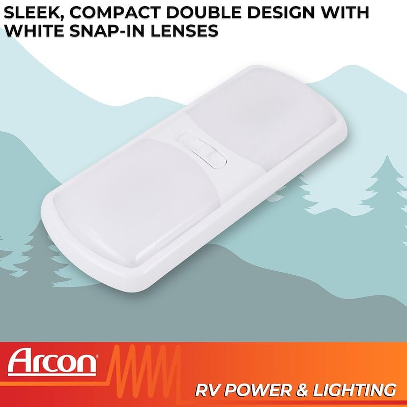 LED Ceiling Double Light Arcon 20714N – Euro-Style 12V Soft White Dome Fixture with White Lens, 11.56 x 4.95 Inch, 3-Position Switch, Compact Interior Lighting for RV, Camper, Trailer