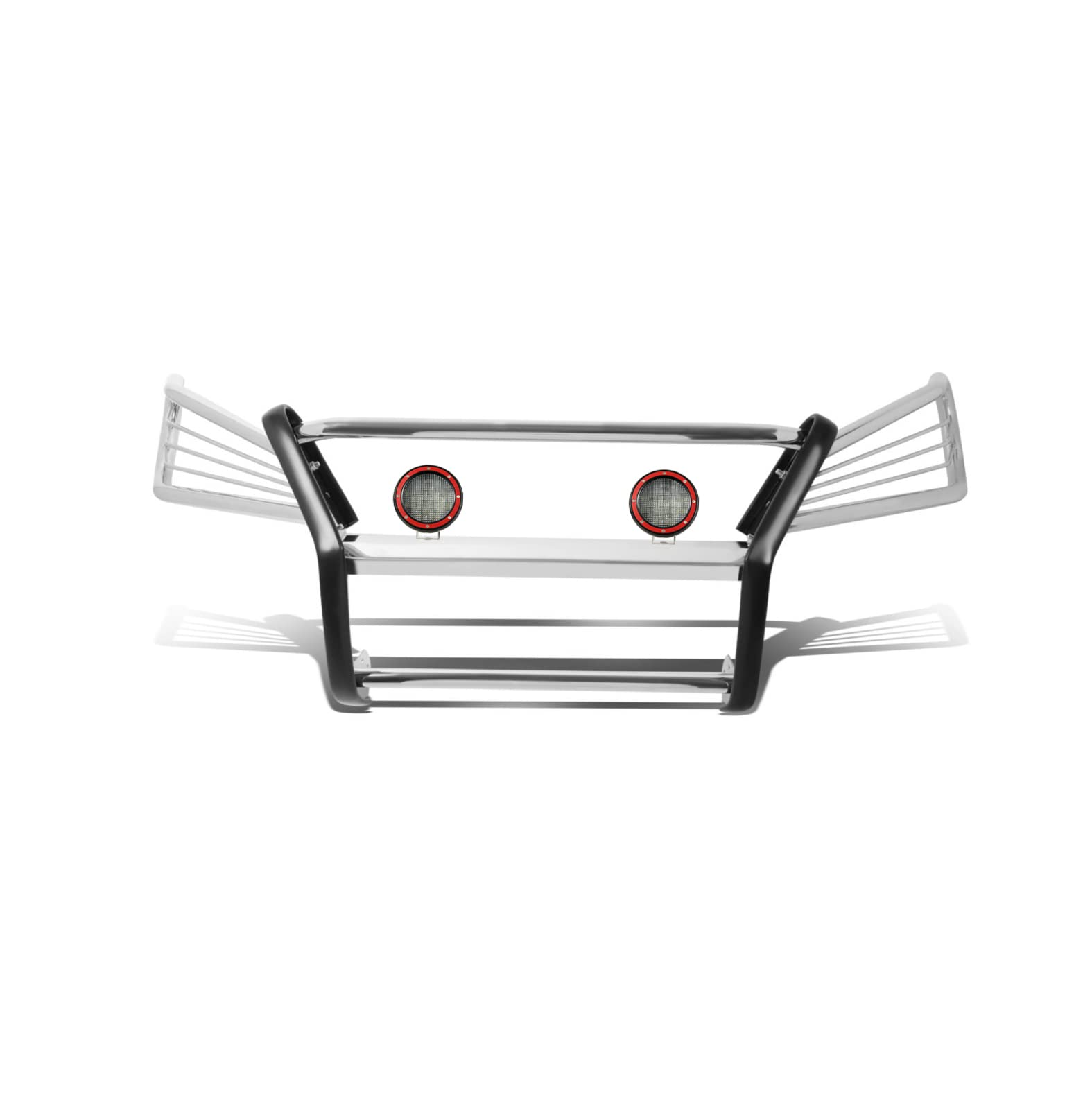 Grille Brush Black Horse Bumper Guard Modular Stainless Steel Come with Pair of 5.3" Dia.LED Lights with Red Trim Rings Compatible with 2004-2006 Lexus RX330|2007-2009 Lexus RX350-17G80330MSS-PLFR