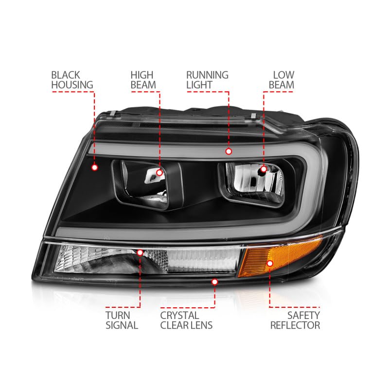 99-04 Jeep Grand Cherokee ANZO Crystal Headlights - w/Light Bar Black Housing (111537)