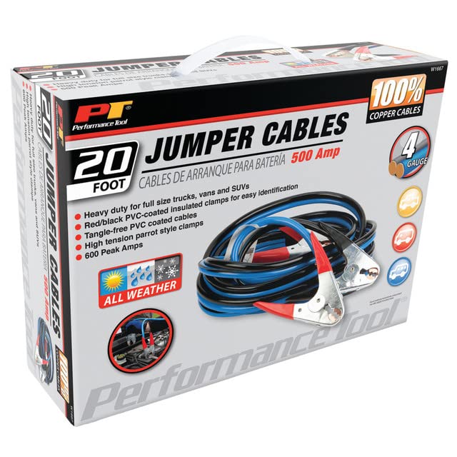 20' Performance Tool W1667 4-Gauge 500 AMP 100% Copper All Weather Jumper Cables