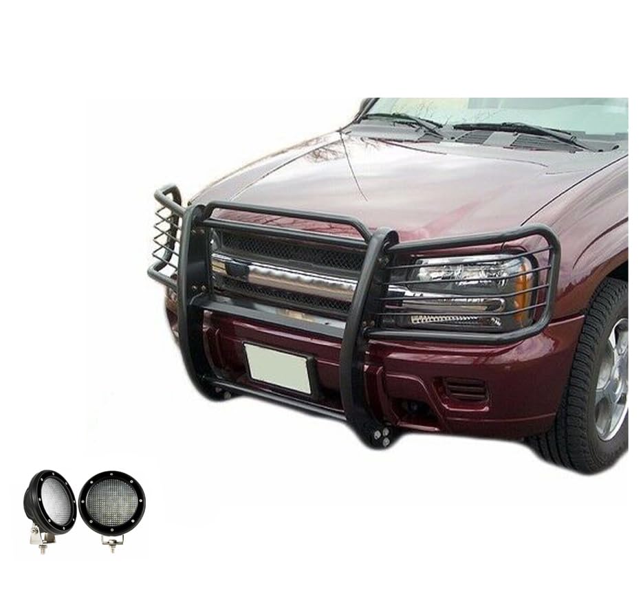 Grille Brush Black Horse Bumper Guard Modular Black Come with Pair of 5.3" Dia.LED Lights with Black Trim Rings Compatible with 2002-2009 Trailblazer|2002-2006 Trailblazer EXT-17GK26MA-PLFB