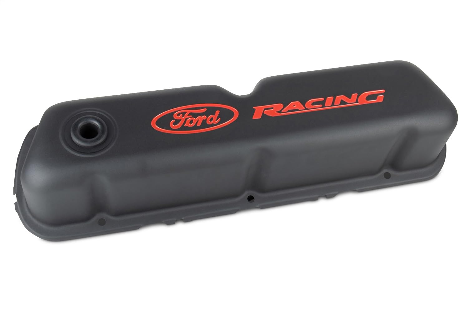 Ford Racing Logo Valve Cover, Stock Height, Baffled, Breather Hole, Steel, Black Crinkle