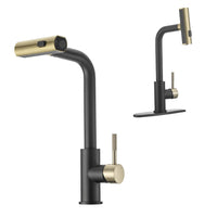 Dura Faucet Rainfall (DF-MK511X-MBMG) RV Kitchen Faucet – Matte Black/Matte Gold, Dual-Mode Rotating Spray Head (Wide Waterfall & Stream), Single Lever Handle, Lead-Free, Easy Install Sink Faucet