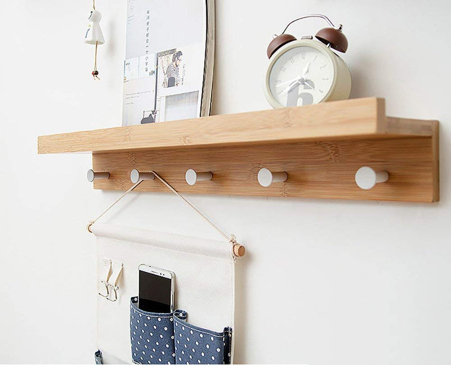 YIMJ Wall Shelf Coat Rack Bamboo Wooden Hook Rack With 5 Alloy Hooks And Upper Shelf For Storage For The Entrance Hallway Bathroom Living Room Bedroom Kitchen, White