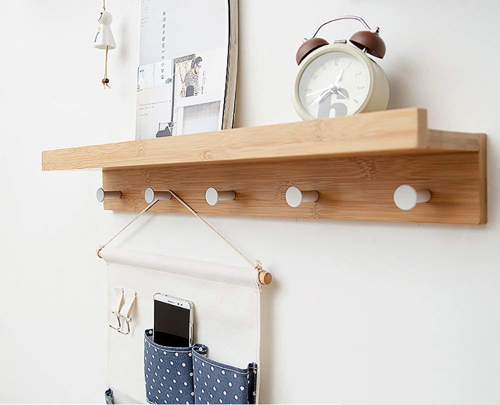 YIMJ Wall Shelf Coat Rack Bamboo Wooden Hook Rack With 5 Alloy Hooks And Upper Shelf For Storage For The Entrance Hallway Bathroom Living Room Bedroom Kitchen, White