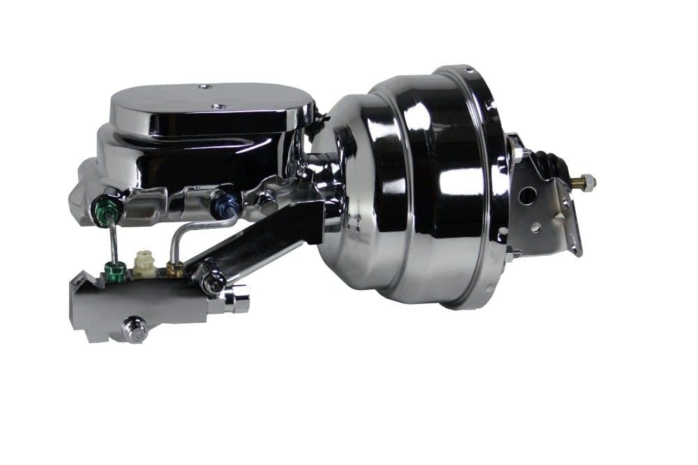 Power LEED BRAKES Front Disc Brake Conversion Kit With 8" Dual Chrome Booster Flat Top Chrome M/C Disc/Drum Side Mount