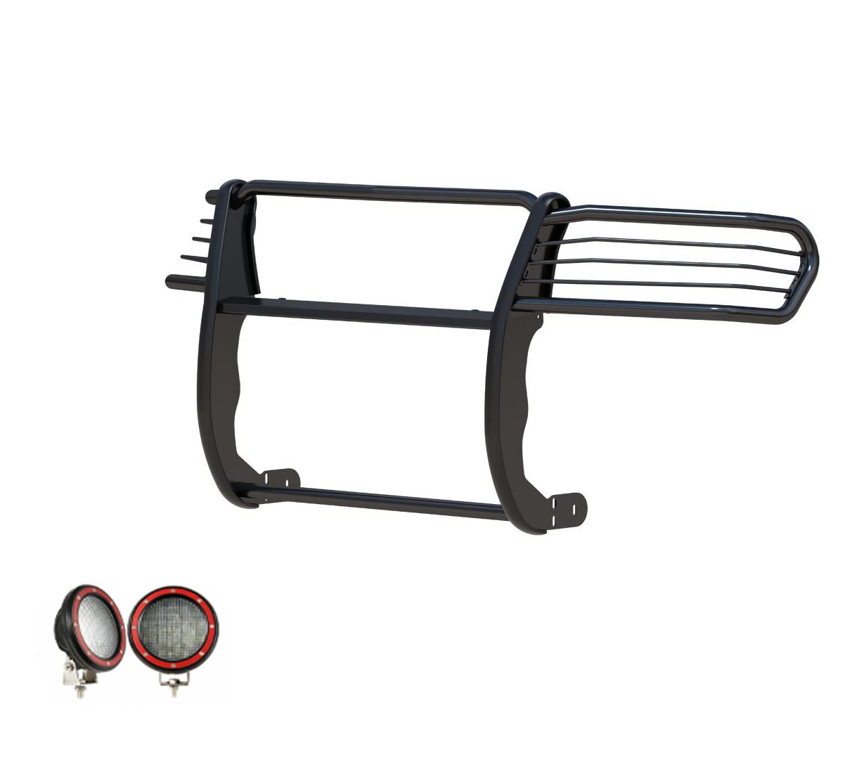 Grille Brush Black Horse Bumper Guard Modular Come with Pair of 5.3" Dia.LED Lights with Red Trim Rings Compatible with 1997-2003 Infiniti QX4|1996-2004 Nissan Pathfinder-17NE23MA-PLFR