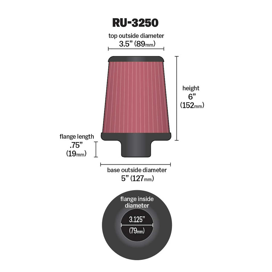 K&N Original High-Flow Lifetime Universal Clamp-On Air Filter: Performance, Premium, Washable: Flange Diameter: 3.125 In, Filter Height: 6 In, Flange Length: 0.75 In, Shape: Round Tapered, RU-3250