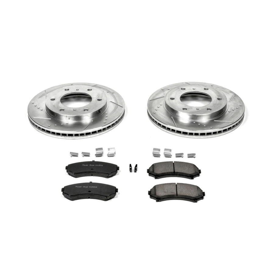 Power Stop K148 Z23 Carbon Fiber Brake Pads with Drilled & Slotted Brake Rotors Kit For Mitsubishi Montero 2001-2006 [Model Specific]
