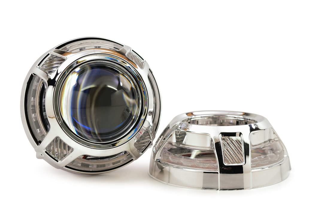 Morimoto Switchback LED Projector Shroud, Universal Chrome Shroud with Integrated “Porsche Style” LEDs, Amber / White Daytime Running Lights for Custom Retrofits. (1x S263)