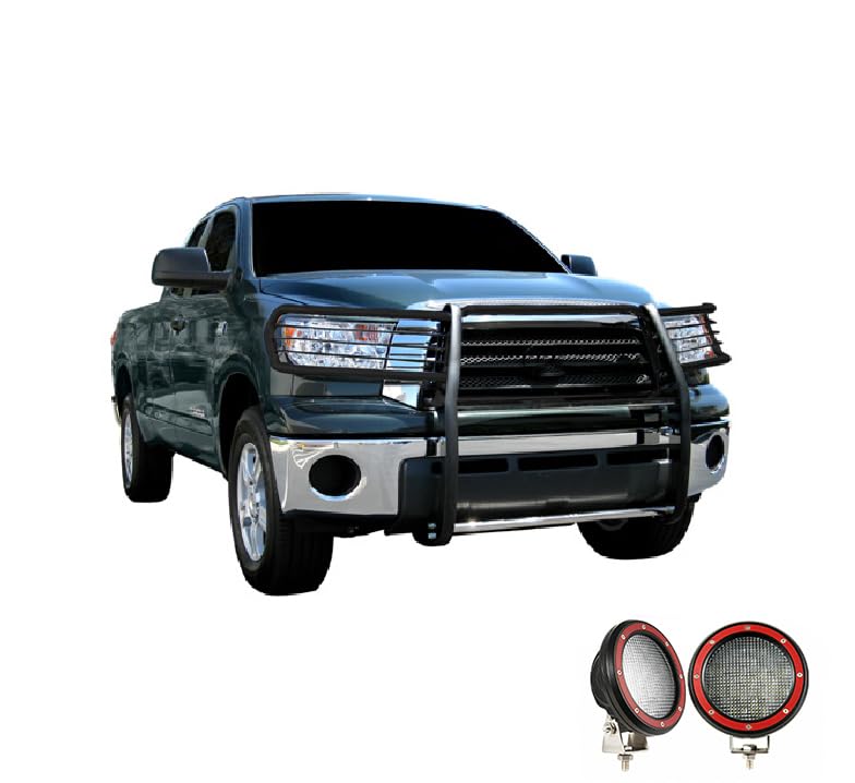 Bumper Guard Black Horse Grille Brush Modular Come with Pair of 5.3" Dia.LED Lights with Red Trim Rings Compatible with 08-22 Sequoia|07-21 Tundra(Excl. 08-21 Platinum/LTd)-17A098900MA-PLFR