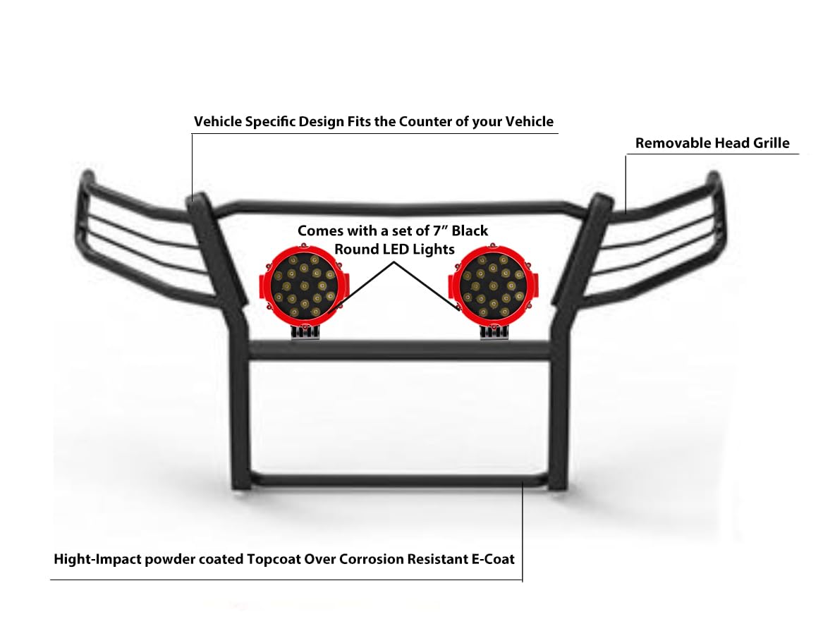 Bumper Guard Black Horse Grille Brush Modular Black Come with Pair of 7.0" Dia.LED Lights with Red Trim Rings Compatible with 2016-2023 Toyota Tacoma-17A096402MA-PLR