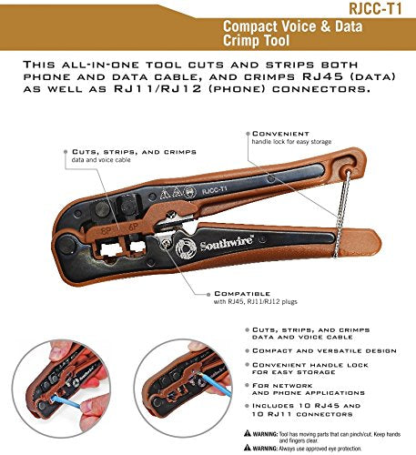 Southwire Compact RJCC-T1 Phone & Data Crimp Tool Kit - Cuts, Strips, and Crimps Network and Voice Cables