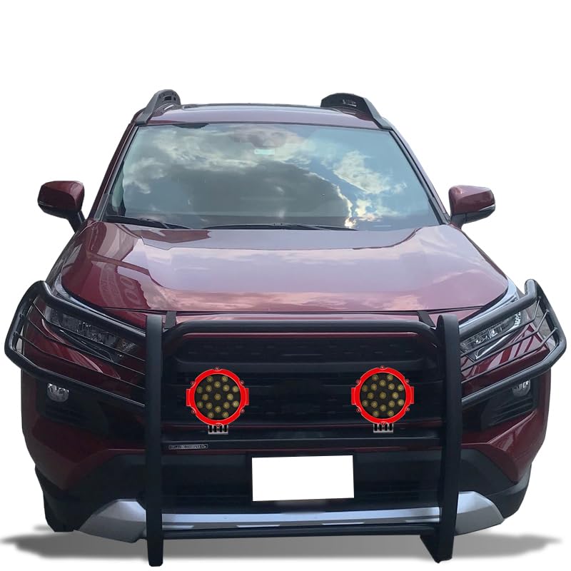 Bumper Guard Black Horse Grille Brush Modular Black Come with Pair of 7.0" Dia.LED Lights with Red Trim Rings Compatible with 2019-2024 Toyota RAV4-17A093904MA-PLR
