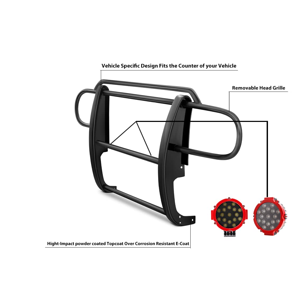 Grille Brush Black Horse Bumper Guard Modular Black Come with Pair of 7.0" Dia.LED Lights with Red Trim Rings Compatible with 2007-2018 Jeep Wrangler JK-17JPWRMA-PLR