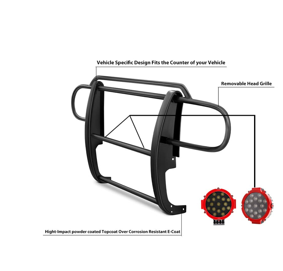 Grille Brush Black Horse Bumper Guard Modular Black Come with Pair of 7.0" Dia.LED Lights with Red Trim Rings Compatible with 2007-2018 Jeep Wrangler JK-17JPWRMA-PLR